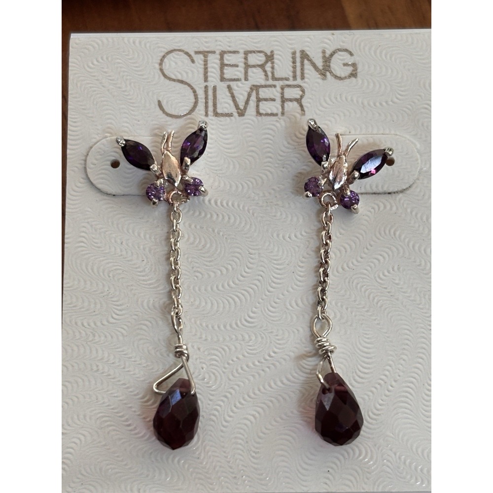 VINTAGE STERLING SILVER PURPLE AND PINK CRYSTALS DANGLE EARRINGS